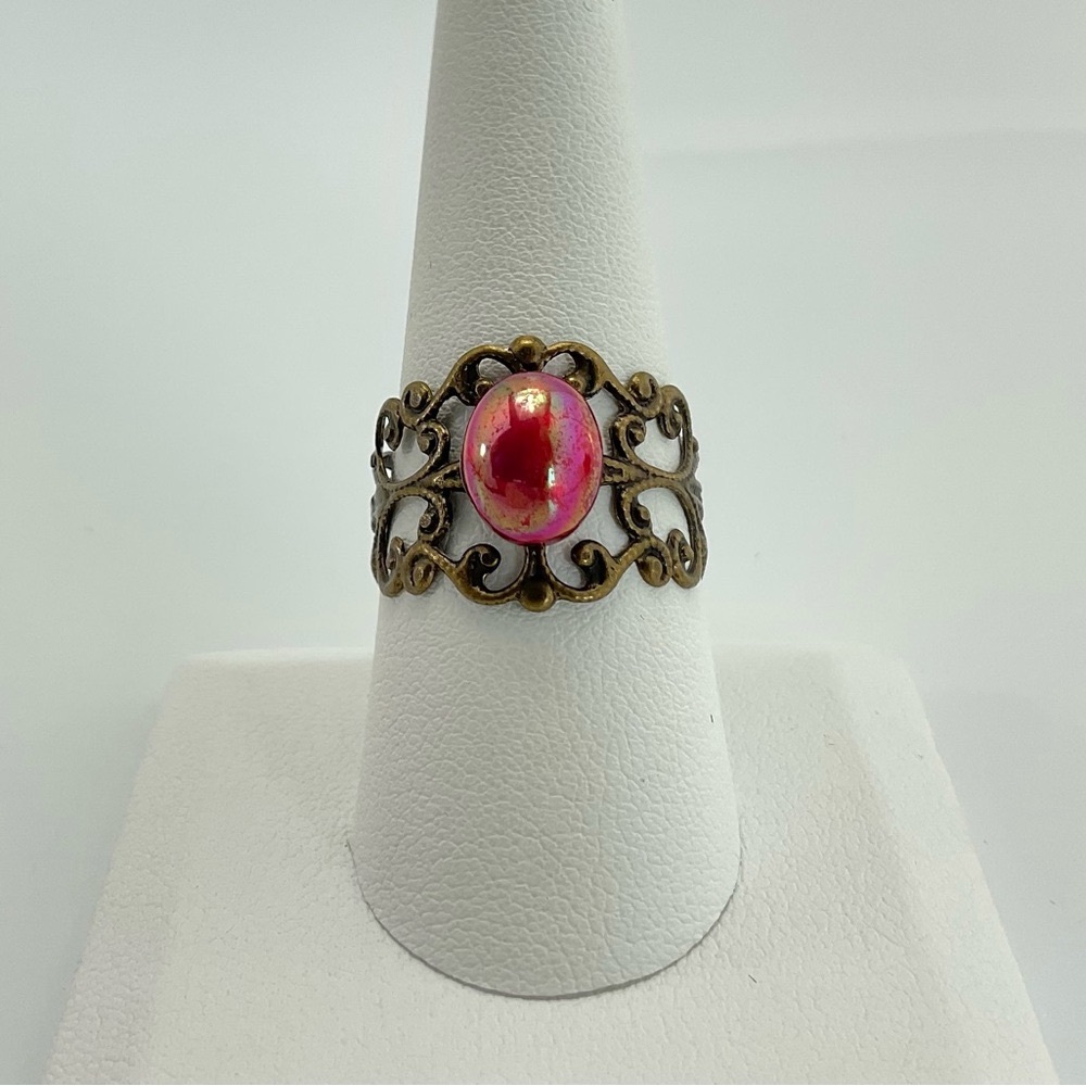 Gothic, Ruby Red & Bronze Filigree Adjustable Ring, Victorian, Castle Core